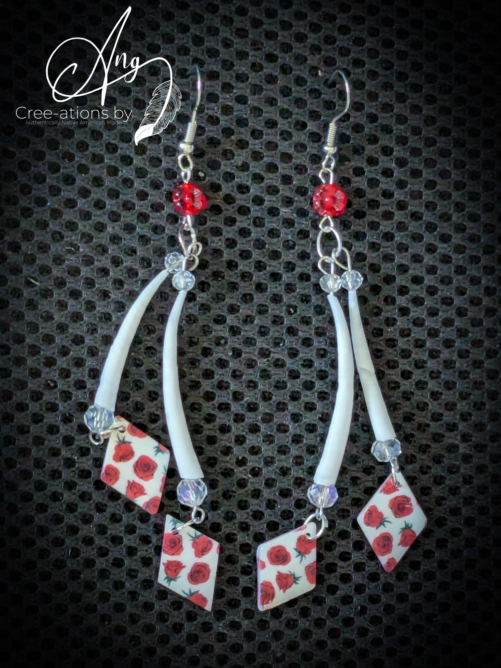 Indigenous White & Red Rose Freshwater Shell Dentalium Dangle Earrings
